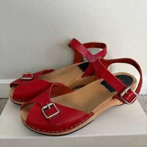 Swedish Hasbeens Red Peep Toe Sandal Clogs (Size 38)